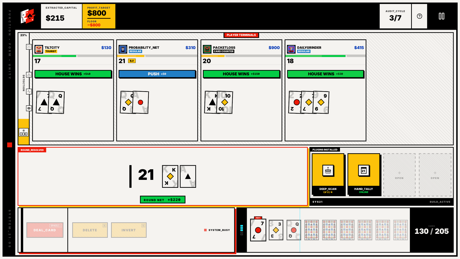 Round resolved with dealer 21 and per-patron payouts